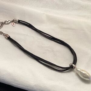 Black Faux Leather 3 Strand Necklace with Faux Pearl Enhancer